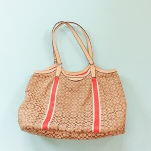 Coach Devin Signature Stripe Orange Top Handle Tote Bag Leather Strap